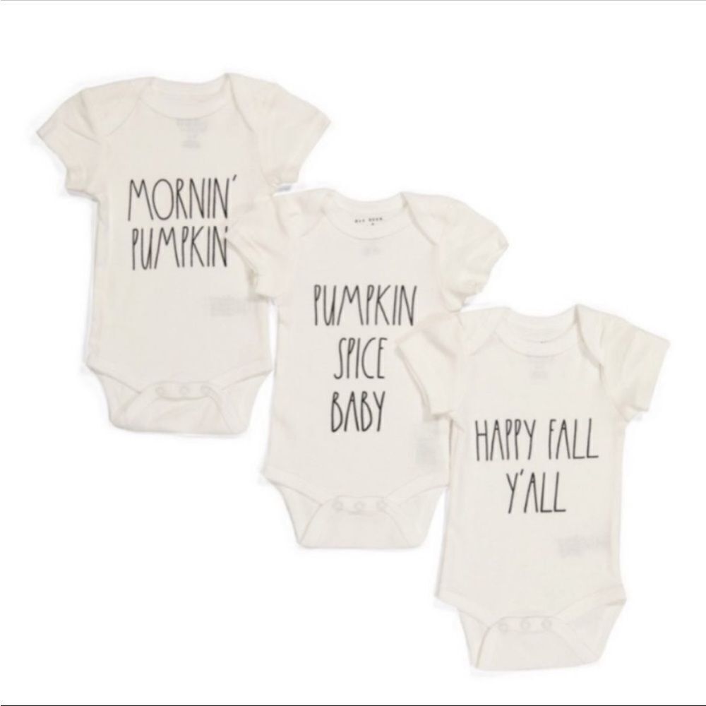 Rae Dunn Baby “Happy Fall” 3-Piece Onesie Set | Pumpkin Patch Bodysuits 6–9M